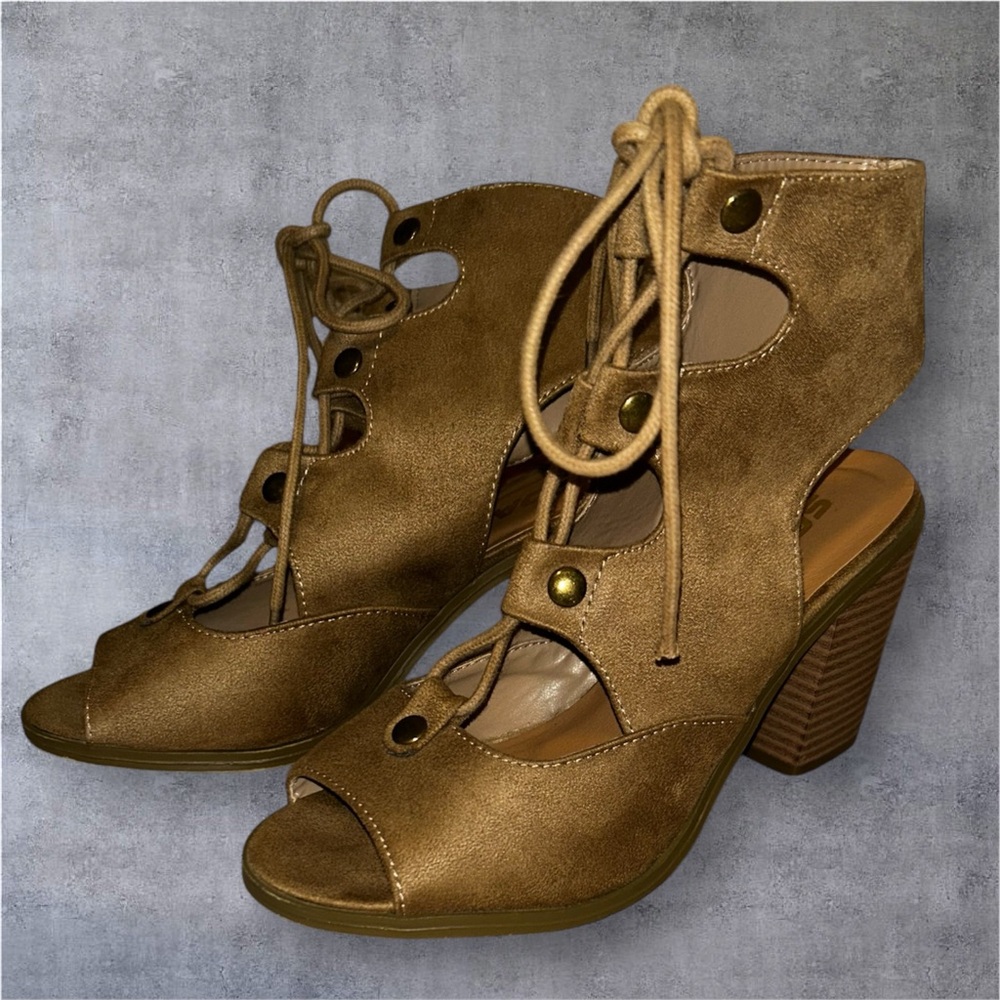 Soda Tan Lace-Up Heeled Sandals
